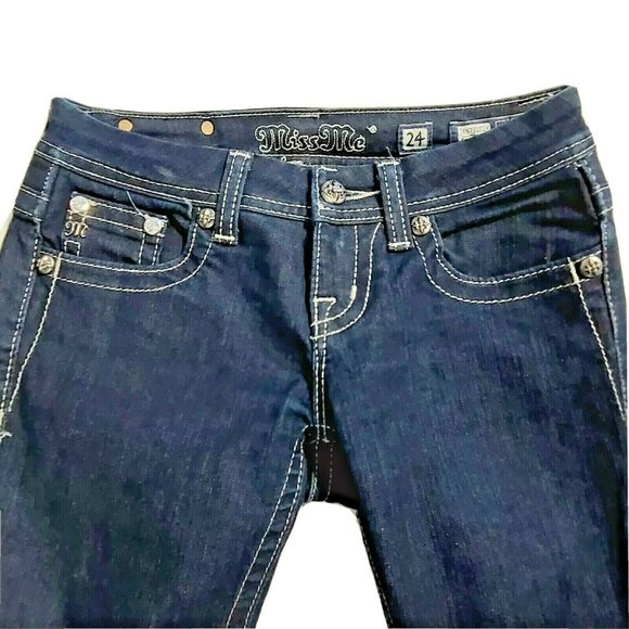 Miss Me Sz 24 Easy Boot Rear Sequins Bling Darkwash Denim Jeans - Picture 7 of 11